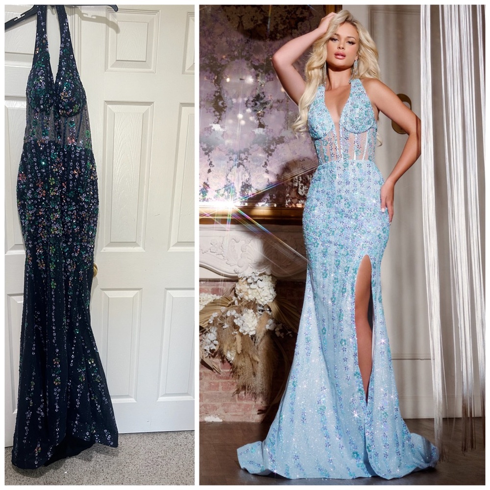 Jovani Navy Blue Sequin Beaded Corset Halter Neck Long Formal Gown Dress size 6